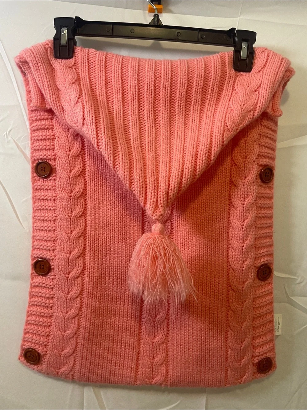 Girls' Coral Hooded Cable-Knit Poncho with Pom